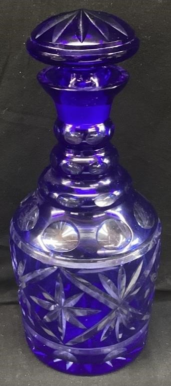 COBALT CUT TO CLEAR DECANTER, 10.5’’ H