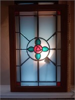 Framed Leaded Glass 'Red Rose'' Window