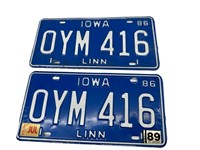 Matching Pair 1986 Iowa License Plate Auto Tags