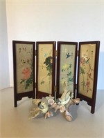 Miniature 4 Panel Folding Screen & Bird Figurine