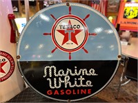 30” Round Porcelain Texaco Marine White Sign