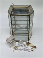 Vtg. Brass & Glass Display w/ Crystal Miniatures