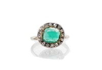 Emerald &rose cut diamond set white gold ring