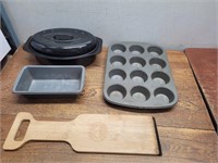 Small Roasting Pan + Loaf Pan + Muffin Pan + Wood