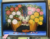 Girl w/ Flowers Framed Oil on Canvas