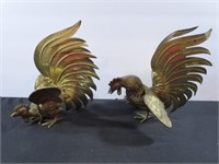 2 Gold Painted Metal Roosters