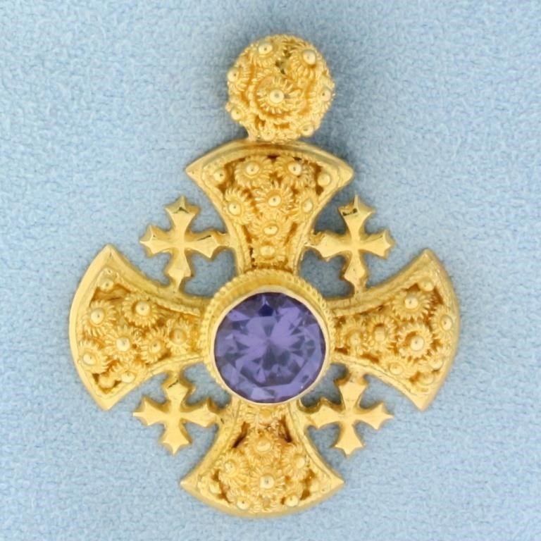 Designer Purple Sapphire Cross Pendant in 18K Yell
