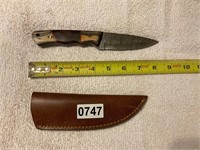Fixed Blade Damascus Knife w/ leather sheath- nice