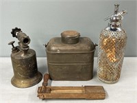 Seltzer Bottle; Fire Alarm; Tin Box & Blow Torch