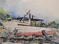 Fishing Boat Watercolor, Signed
