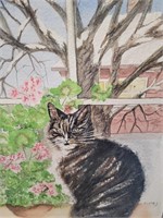 C. Flores, Cat by Window, Watercolor
