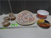 Mixing bowls, desert cups, woven mat, plate
