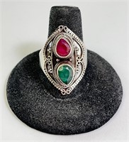 Large Sterling Ruby/Emerald Ring 7 Grams Size 9.25