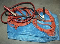 set of jumper cables; elec ext cords; blue plastic