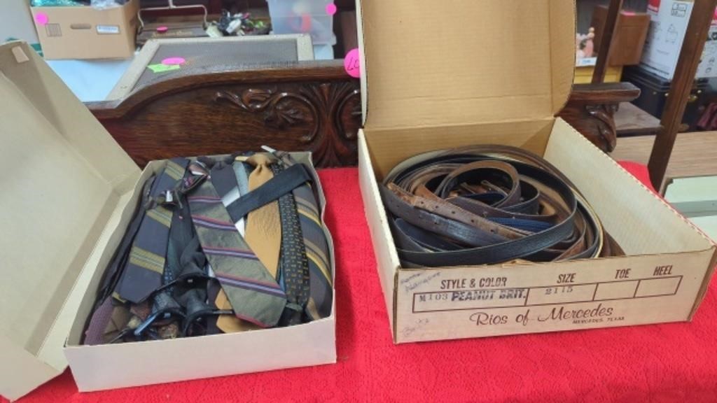 BOX OF MENS NECKTIES AND LEATHER BELTS