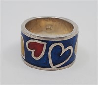 Large Sterling Silver Hearts Enameled Ring