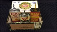 Cigar Box w/ 3 Sm. Adv. Oil Cans Including