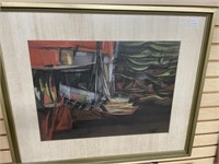 Mid Century Modern Pastel of Boats, Artist Signed