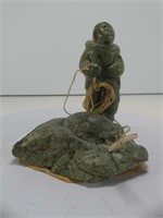 UNSIGNED CARVED SOAPSTONE INUIT FISHING SCENE