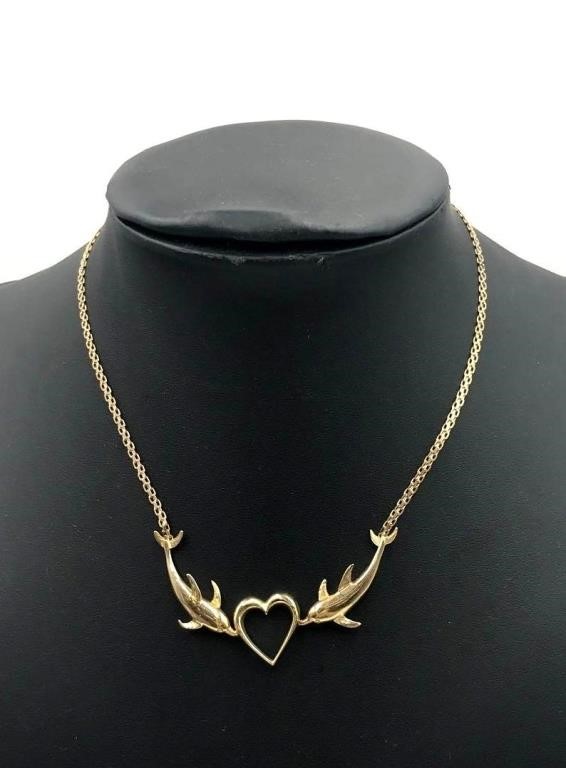 14K Gold Dolphins and Heart Necklace