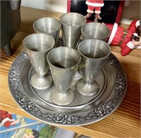 PEWTER CORDIALS AND PLATE