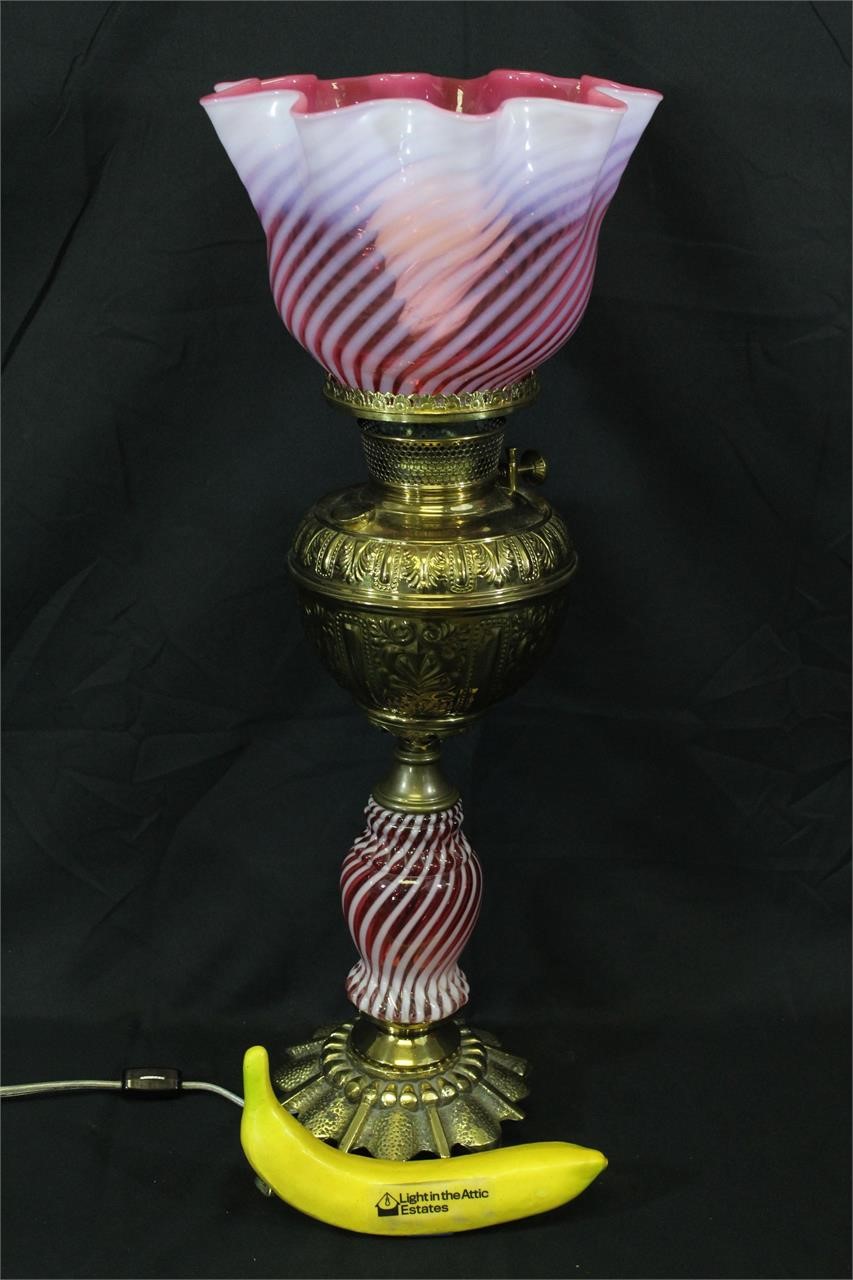 Victorian-era Brass & Cranberry Swirl Parlor Lamp
