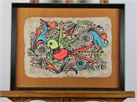 Vintage Mexican Bark Bird Painting Framed