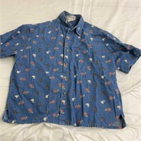 Denim short sleeve button up roosters L/Xl