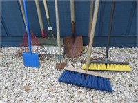 brooms -rakes -shovel -blue scraper (long tools)