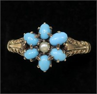 14K Rose gold blue stone floral ring with pearl