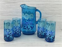 BLUE GLASS W FLOWER PATTERN PITCHER & GLASSES