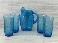 ANCHOR HOCKING SPRINGSONG BLUE PITCHER & 4 GLASSES