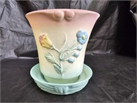 Hull Art Pottery Bow Knot Flower Pot with Saucer