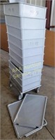 Storage bins (10) 17 x 26 x 6 and dollie,