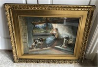 Woman with Dog Print in Ornate Gilt Frame