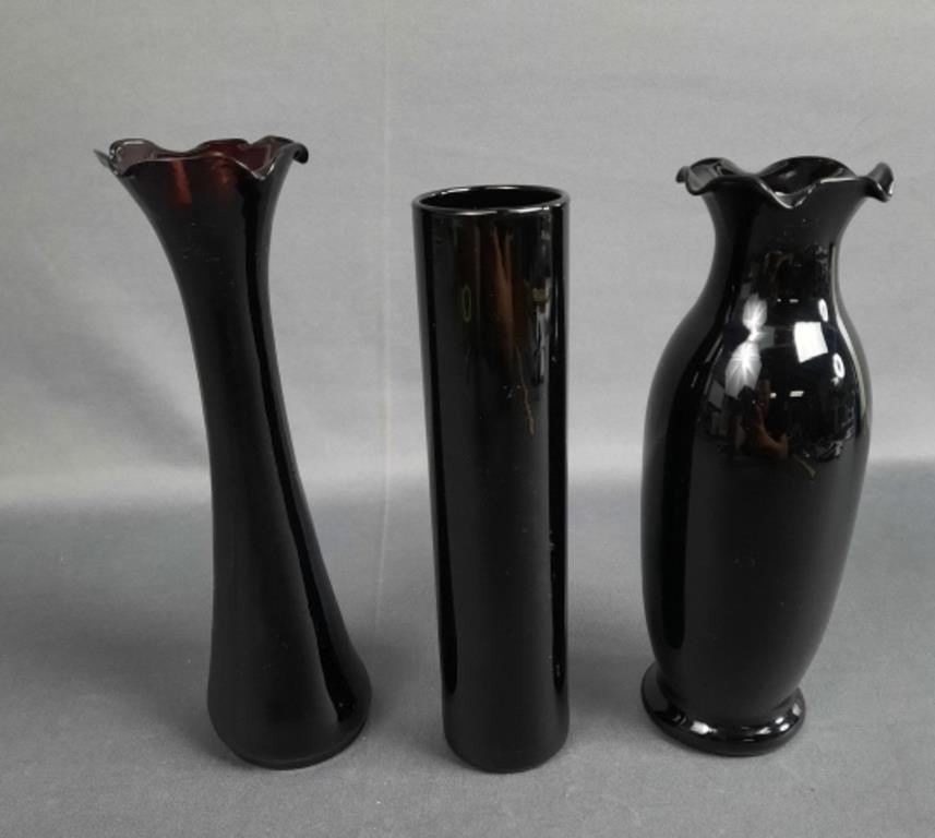 Trio of Black Amethyst Vases