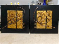 Pair of Black & Gold Mixed Media Pictures