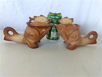 PAIR OF GREENTOWN CHOCOLATE SLAG DOLPHIN DISHES