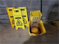 3 wet floor signs & mop bucket