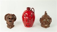 3 Pottery Pcs.--2 Face Jugs & Sculptured Head