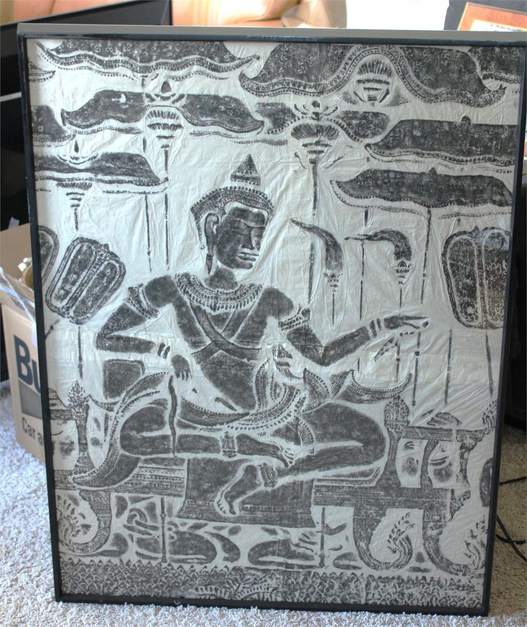Vintage Temple Charcoal Rubbing Art 30" x 39"