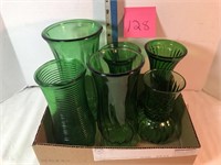 6 green glass vases
