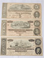 1864 US Confederate $5 / $10 / $20 dollar bills