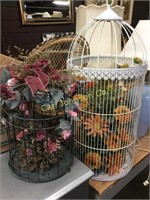 SHELF LOT BIRD CAGES, WICKER CHAIR & 3 BOXES MISC