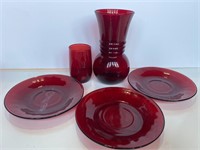 Ruby Red Glass Vase Tumbler Saucers
