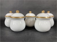 Set of Five White Gold Trim Tea Cups with Lids