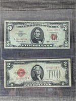Red Seal 2 Dollar Bill & 5 Dollar Bill