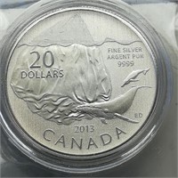 2013 ROYAL CANADIAN MINT $20 SILVER COIN WHALE
