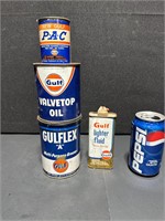 LOT OF 4 GULF OIL GREASE AND LIGHTER FLUID CANS
