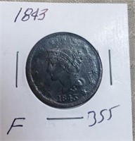 1843 Large One Cent F